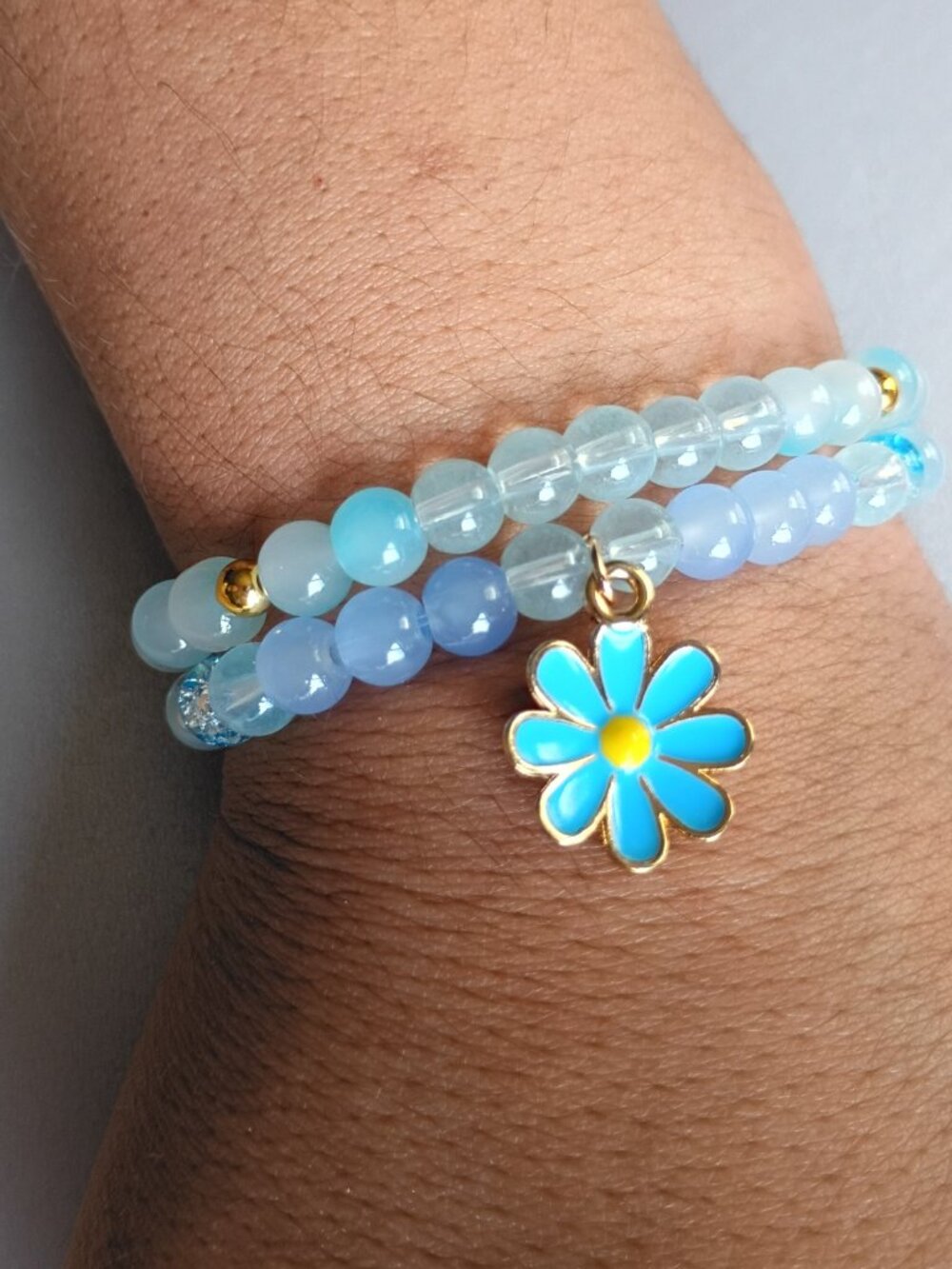 Handmade Pastel Blue Daisy Flower Beaded Bracelet Stack (2-Piece Set)
